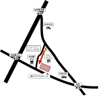 会社付近の簡略図です。会社前の大通りからの左折はできないので、ご注意ください。