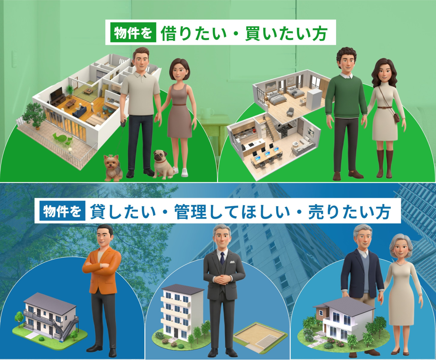 物件を借りたい・買いたい方|物件を貸したい・管理してほしい・売りたい方